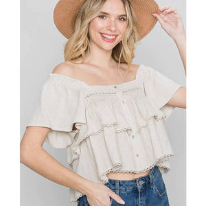 Allie Rose Tiered Linen Blend Smock Button Front Squareneck Crop Top NWT Size M